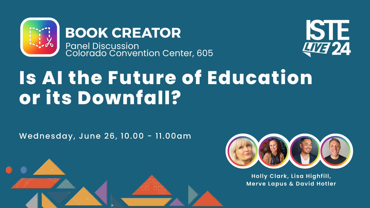 dhotler's tweet photo. Is AI the Future of Education or its Downfall?
Join myself and @lhighfill @hollyclarkedu @molapus @bookcreatorapp for a panel discussion today at 10:30 in room 605 at #ISTELive https://t.co/PPONxZEajf