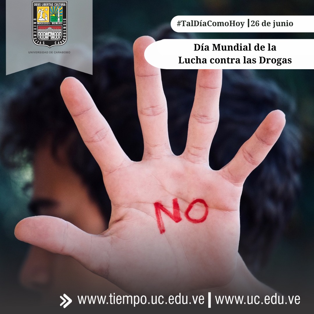 UCarabobo's tweet photo. #TalDíaComoHoy se celebra el Día Mundial de la Lucha contra las Drogas, combate que tendrá éxito en la medida en que las personas estén conscientes del daño a la salud individual y a la sociedad. Droga se asocia con conducta delictiva. #UC https://t.co/Pi3VONcQEm