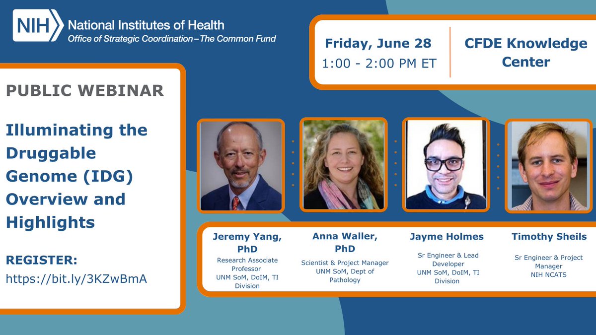 Interested in #proteins and understudied areas of #biology that have a high impact on human health? Tune in this Fri (6/28) at 1PM ET to learn more about the Illuminating the #DruggableGenome (#IDG) project. Register: bit.ly/3KZwBmA. #NIH_CFDE