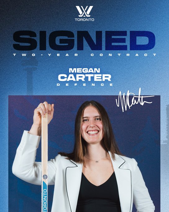 A graphic to communicate Megan Carter’s Free Agency signing with PWHL Toronto. 

The top half of the graphic has the PWHL Toronto logo and text that reads “Signed. Two-year contract. Megan Carter, Defence.”

The bottom half of the graphic has a photo of Megan Carter posing with her draft stick and her signature in white.

Everything is on a light blue background with a silhouette of the Toronto skyline.
