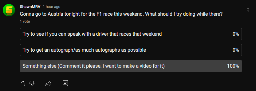 MrvShawn's tweet photo. Any ideas for a fun video while I am in Austria for F1 race? As a small content creator I personally don't think I can get in touch with drivers (Counting F2 &amp; F3 aswell), so thats off the shelve. This tweet probably won't make a difference but I gotta give it a shot. https://t.co/eMUMDbdqRi