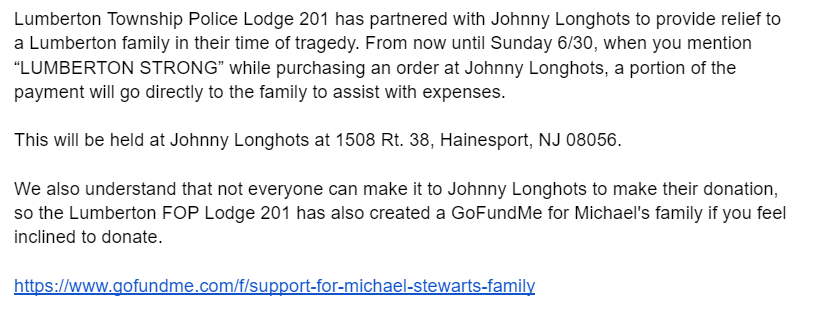We also understand that not everyone can make it to Johnny Longhots to make their donation, so the Lumberton FOP Lodge 201 has also created a GoFundMe for Michael's family if you feel inclined to donate. gofundme.com/f/support-for-…