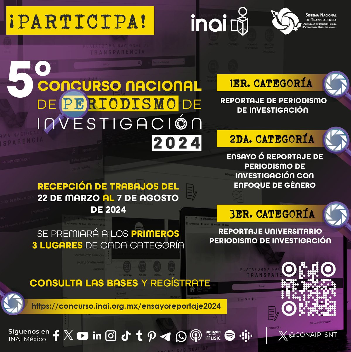 ¡Participa en el 5° Concurso Nacional de Periodismo de Investigación 2024!
Consulta las bases en la siguiente liga:
concurso.inai.org.mx/ensayoreportaj…