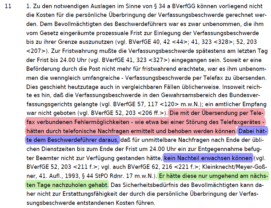 Wie sieht die Sache eigentlich rechtlich aus? Das #BVerfG meint wenn das Fax nicht benutzbar ist und die Frist an dem Tag abläuft, kann man das am nächsten Tag nachholen (vgl. BVerfG, Kammerbeschluss vom 16. Mai 1994 – 2 BvR 196/92 –, juris, Rn. 11):
