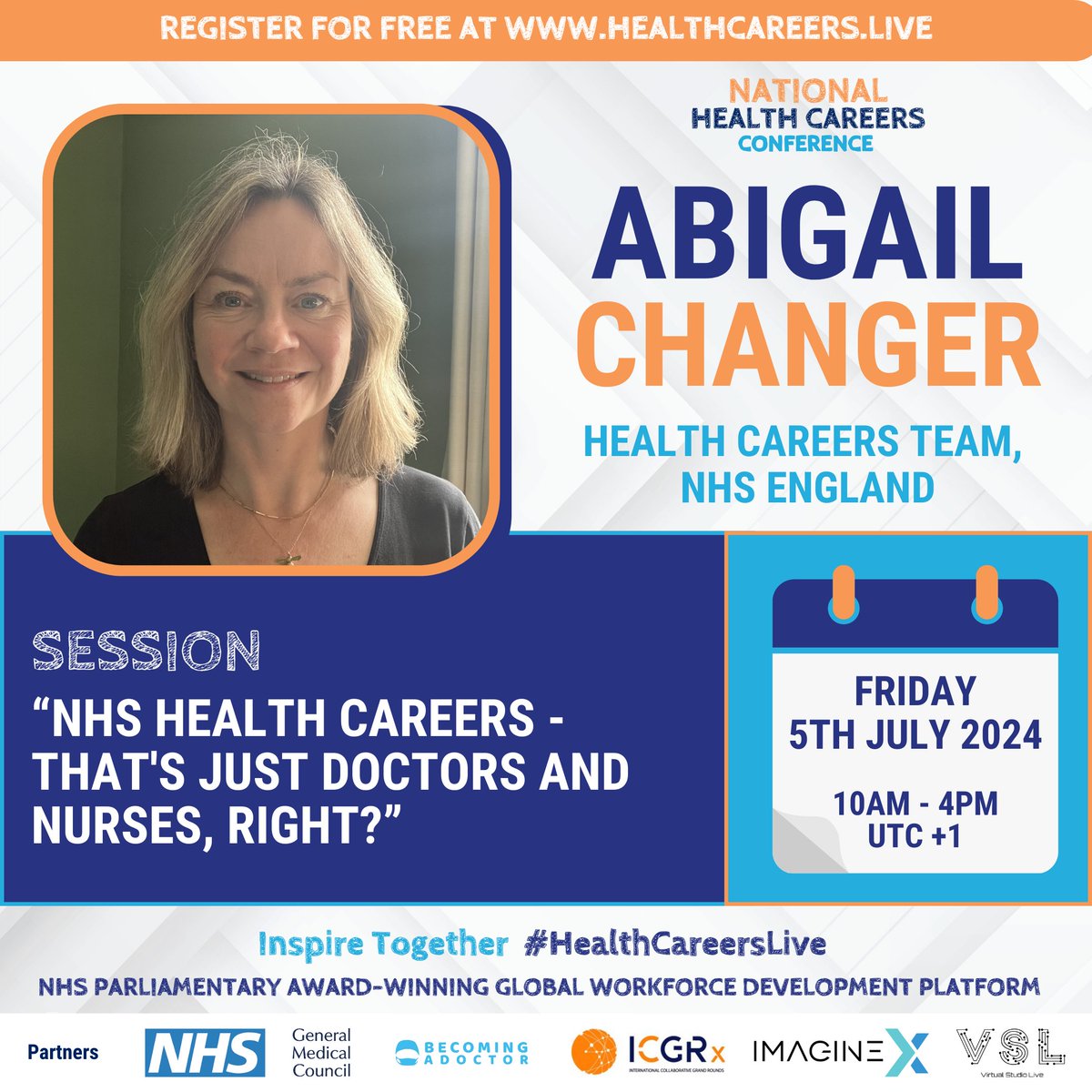 🌟Join Abigail Changer for an eye-opening session "NHS Health Careers - that's just doctors and nurses, right?"

🚀There are more than 350 roles in the NHS, discover what's right for you!

🗓️Fri 5th July
🎟️Sign up healthcareers.live

@healthcareersuk
#HealthCareersLive #NHS