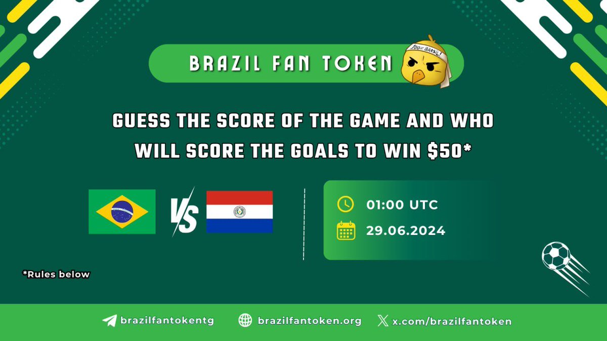 BrazilFanToken's tweet photo. 🎉 First "Guess to Win" Event by Brazil Fan Token for Copa América 2024 [Round 2]! 🎉 

Participate and win amazing prizes!   

Participate in our group: https://t.co/xF9QxscaKv… to see the rules.  

Brazil Fan Token - DOXX | SAFU | AUDIT | KYC  

Good luck to everyone! 🍀 https://t.co/cIw2v9VtVc