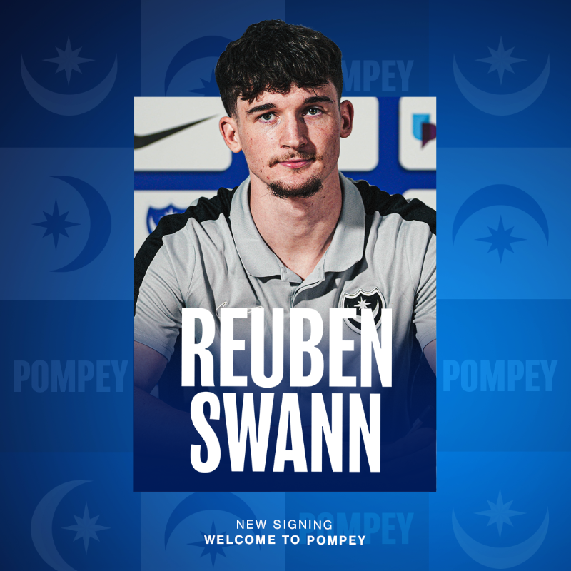Pompey's tweet photo. ✍️ #Pompey have completed the signing of midfielder Reuben Swann!

🔵 The 18-year-old joins from AFC Sudbury for an undisclosed fee.