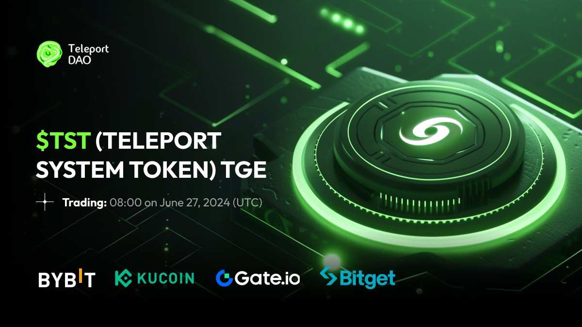 Just 1 day to go, the wait is almost over!📣🚀

The $TST (Teleport System Token) TGE by TeleportDAO is tomorrow! Get ready to welcome a future of Bitcoin ecosystem interoperability⚡️

⏰Trading: 08:00 on June 27, 2024 (UTC)

🌍Exchanges: <a href="/Bybit_Official/">Bybit</a>, <a href="/kucoincom/">KuCoin</a>, @gate_io,