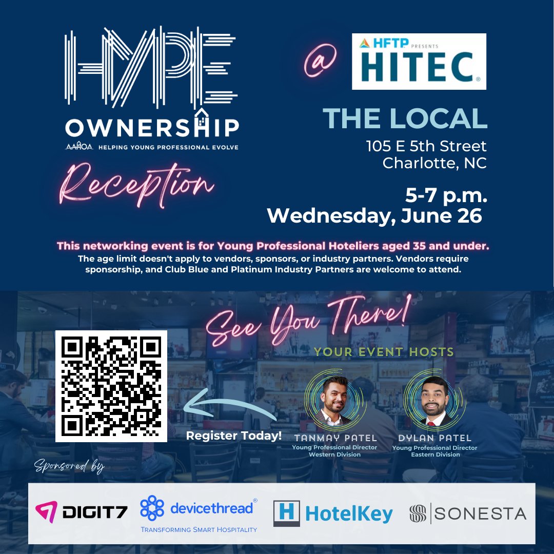 Enjoying Your Time at HITEC?

Join us tonight at The Local for the HYPE Reception from 5-7 p.m.!

Register now: bit.ly/4eH6HSn

#HYPE #YoungHotelier #AAHOA #Ownership