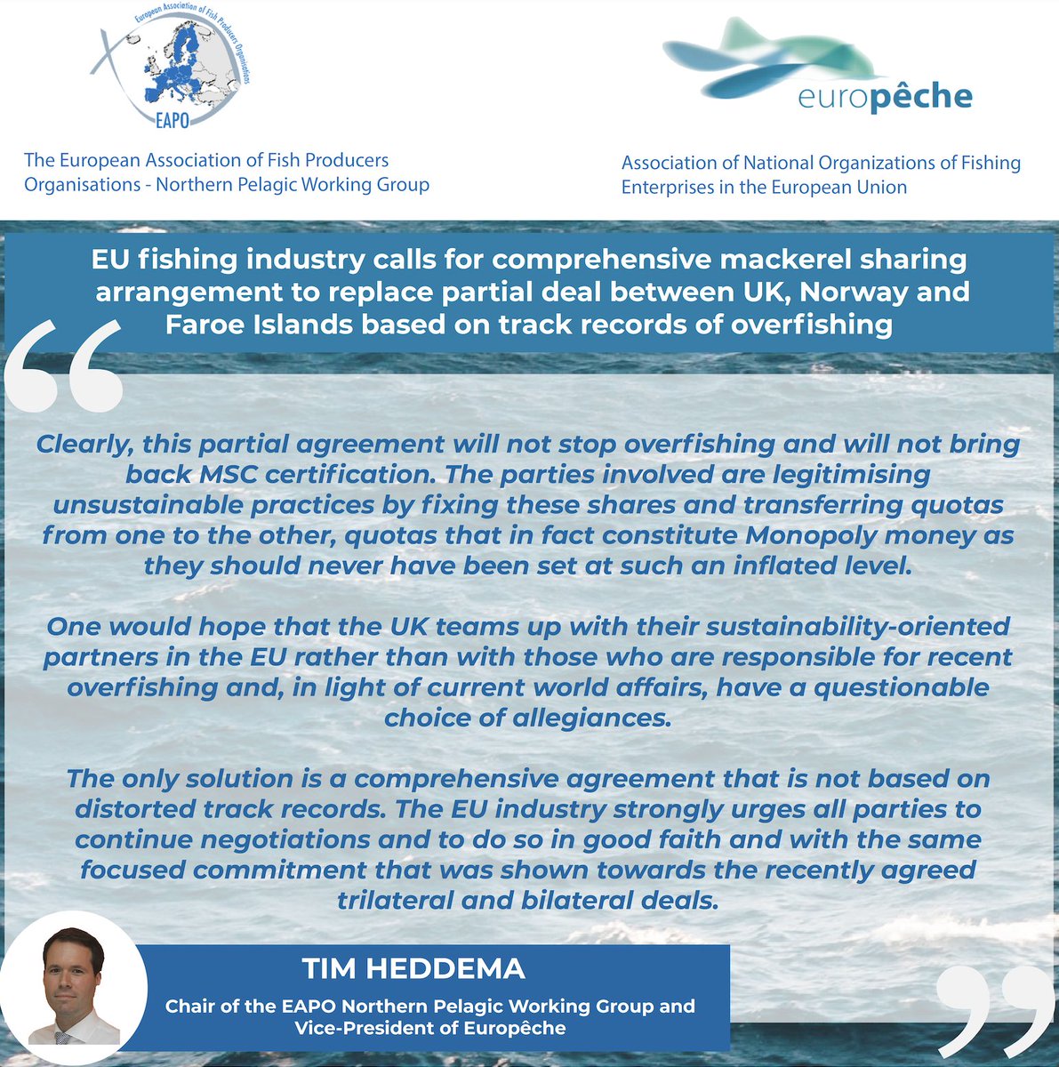 EU fishing industry calls for comprehensive #mackerel sharing arrangement to replace partial deal between #UK, #Norway and #Faroe Islands based on track records of #overfishing 

📢Read our press release shorturl.at/9cCvF

<a href="/vonderleyen/">Ursula von der Leyen</a> <a href="/EU_MARE/">EU Maritime & Fish</a> <a href="/Trade_EU/">EU Trade 🇪🇺</a>