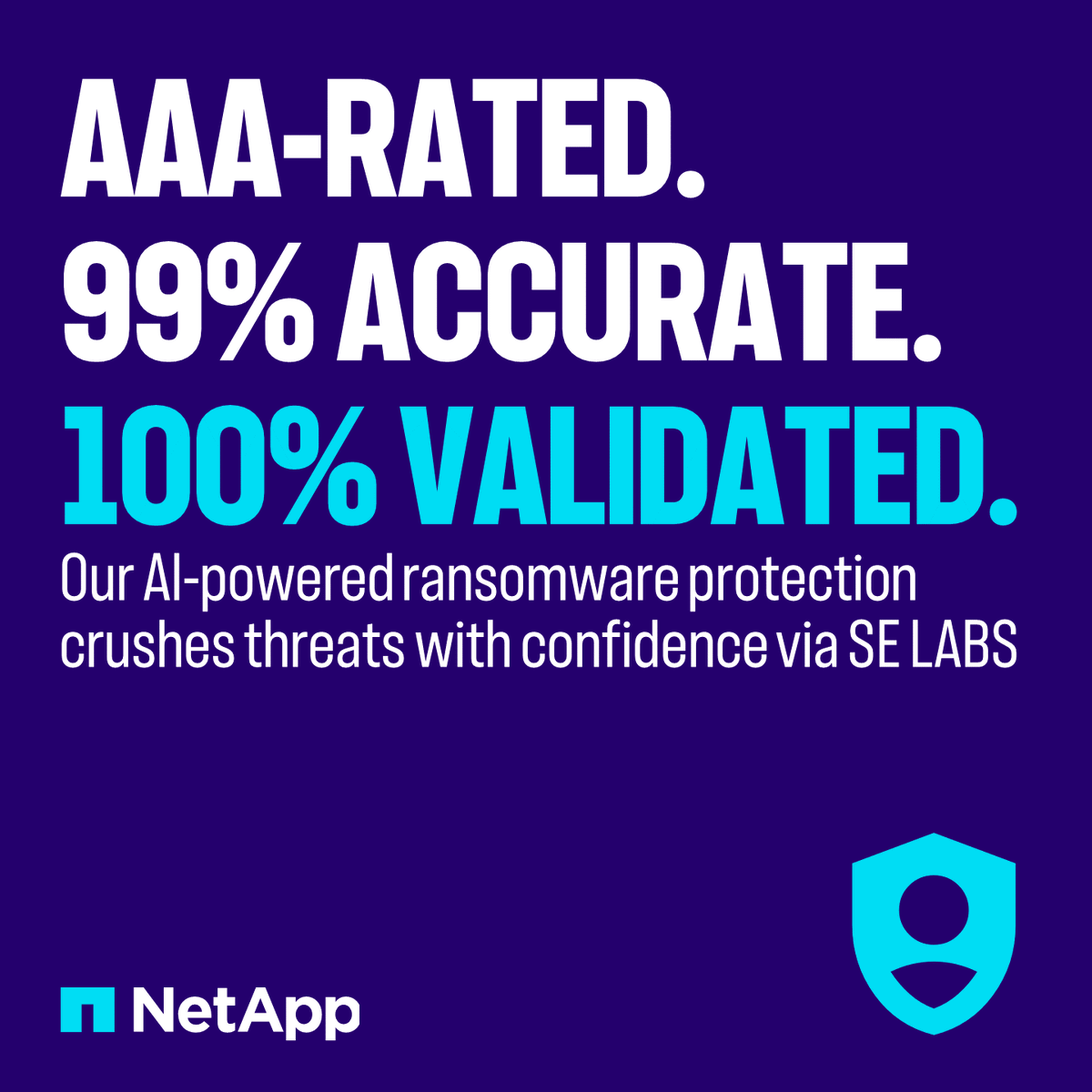 NetApp's tweet photo. Our #ransomware detection solution is AAA-rated, 99% accurate, AND validated by @selabsuk! 🥳

With smart, evolving #AI defense, lightning-fast threat detection, &amp; built-in security, your data stays safe. Crush #ransomware with confidence: https://t.co/DmpPq0BZZz

#ML https://t.co/lyyLTCPniA