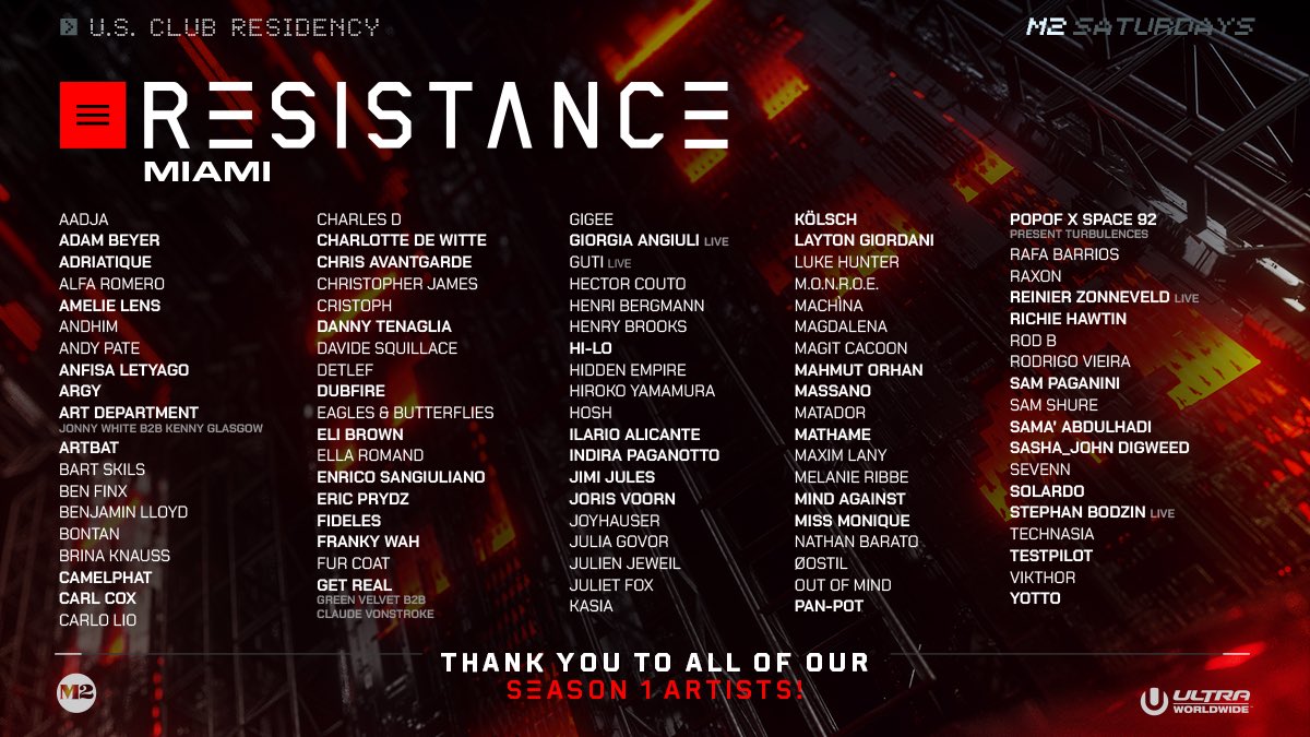 93 artists
32 nights 
20 weeks 
224 hours
The 1st Season…

…and we can’t wait to do it again 😉. The debut szn of the RESISTANCE Miami Club Residency would have been nothing without our amazing artists who rocked the house at <a href="/M2_Miami_/">M2 Miami</a>, from the bottom of our ❤️s thank u!