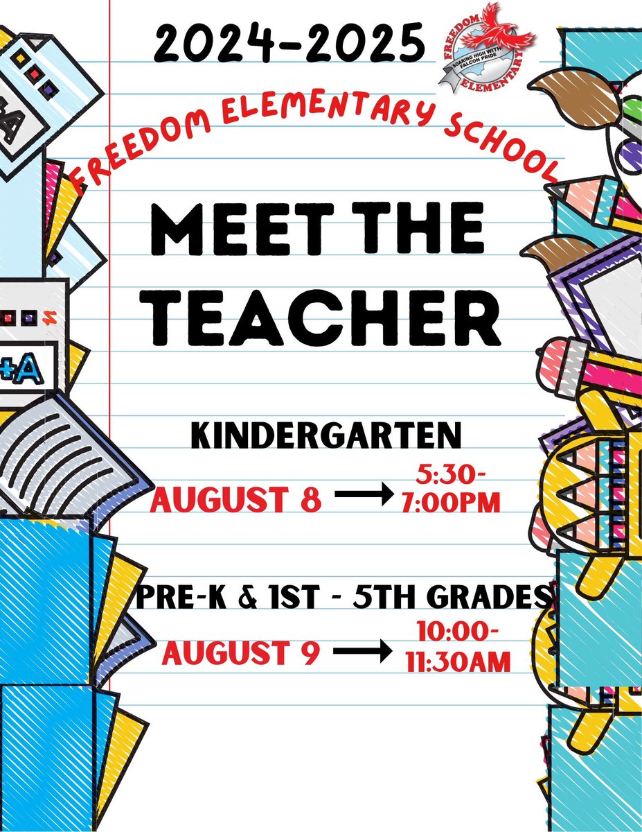 We hope you are enjoying your summer! ☀️ 🏖️ 🏊 

As you add to your calendar 🗓️ , save the date to come in and meet your new teacher for the 2024-2025 School Year! 👩🏻‍🏫 ✏️