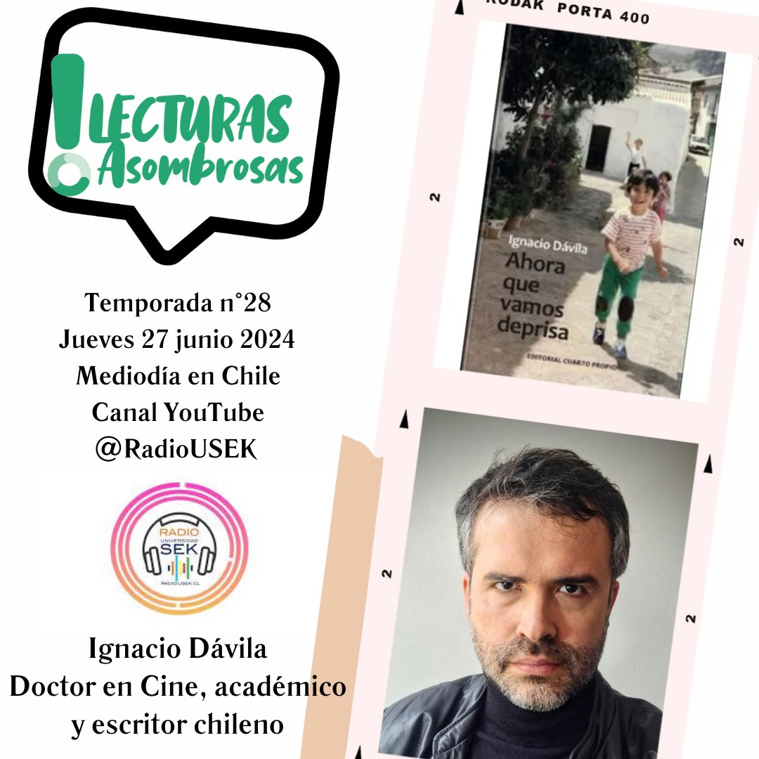 Mañana a las 12h (13h en Brasil) me entrevistan en el programa "Lecturas Asombrosas" de <a href="/RadioUSEK/">Radio UniversidadSEK</a>.  Hablaremos de autoficción, memoria, trauma, paternidad, migración, cine y otras cosas presentes en mi novela Ahora que vamos deprisa. ¡Estan todos invitados!