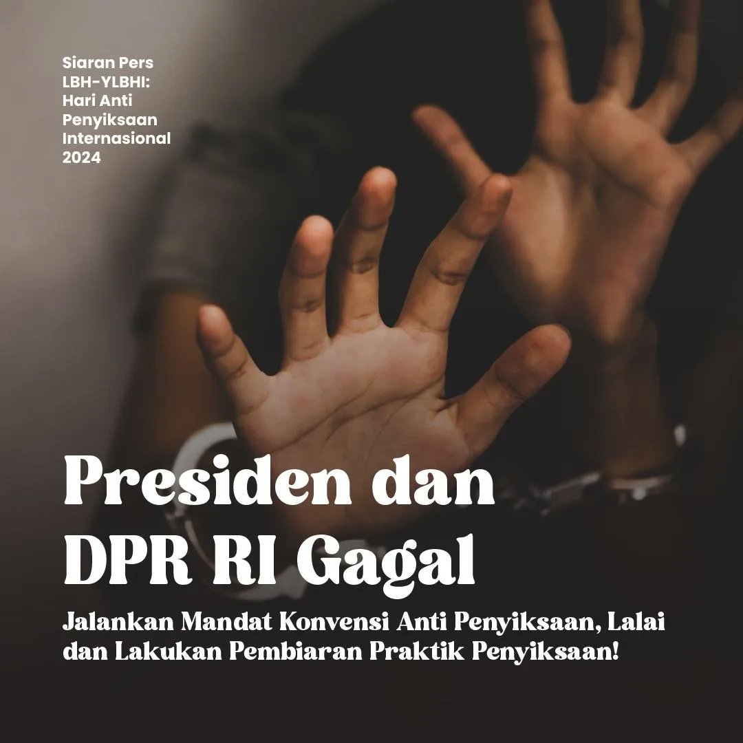 YLBHI's tweet photo. Kami menilai negara melalui Pemerintahan Joko Widodo dan DPR RI tidak serius dan gagal menjalankan komitmennya untuk menghentikan praktik penyiksaan di indonesia  paska meratifikasi konvensi anti penyiksaan 25 tahun yg lalu. Praktik penyiksaan di Indonesia terus berulang dan terjadi tanpa ada upaya serius untuk mencegah dan menghentikannya.

https://t.co/rvA2xHFwRE