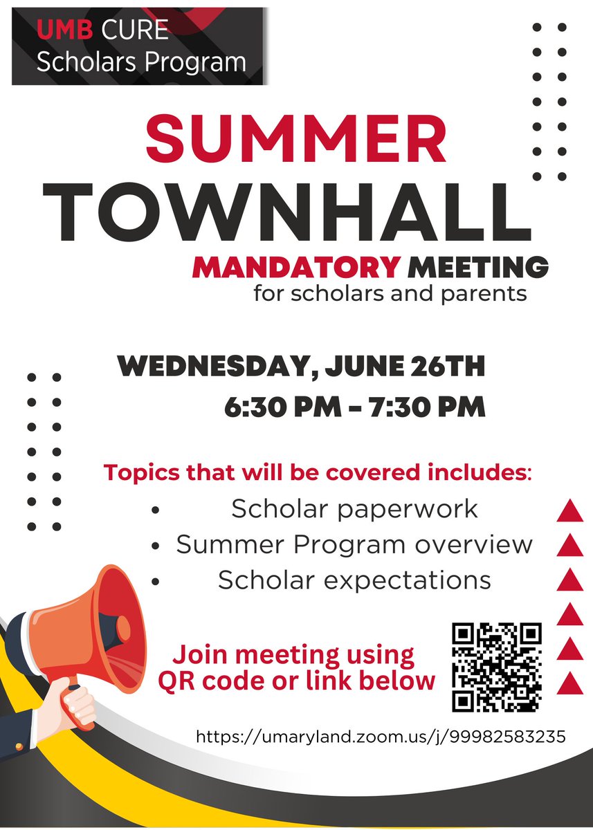 REMINDER! 🚨 Join us tonight at 6:30 pm for a crucial meeting! 🗓 Let's gear up for an epic Summer with the UMB CURE Scholars Program! 💪🌟 #MandatoryMeeting #SummerPrep