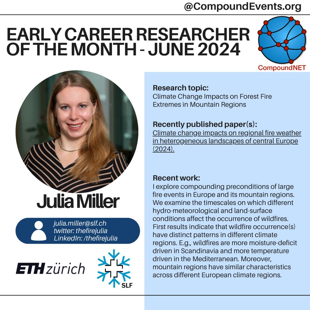 Meet the ECR of the Month <a href="/thefirejulia/">Julia Miller</a>! Julia's research focuses on climate change impacts on forest fire extremes in Europe and its mountain regions🌍🔥🏔️

Read the blog for more: compoundevents.org/blog/early-car…