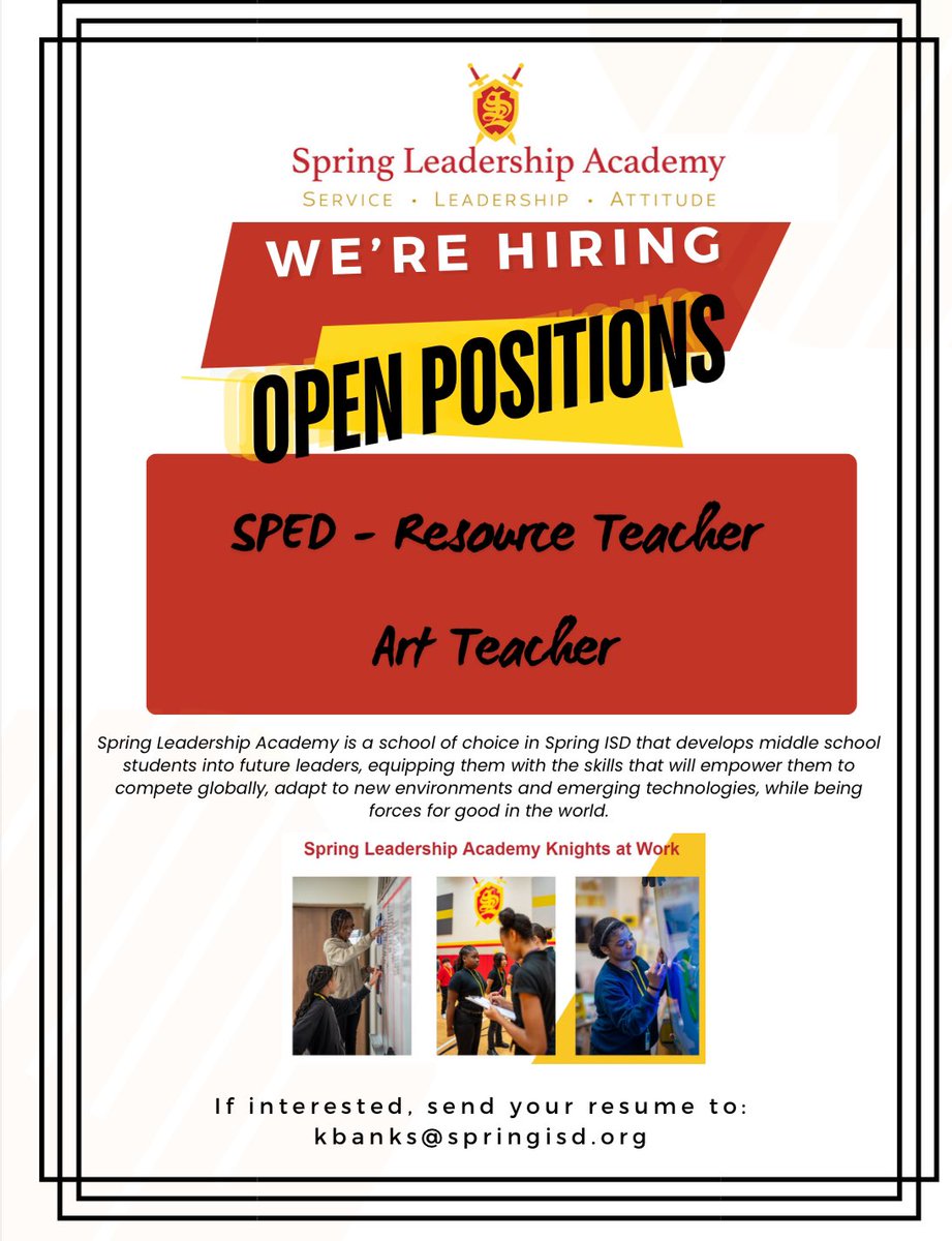 Spring Leadership Academy (@springleadacad) on Twitter photo We're still looking for a few more team members. Spread the word to any exceptional educators you know! We're still looking for a few more team members. Spread the word to any exceptional educators you know!