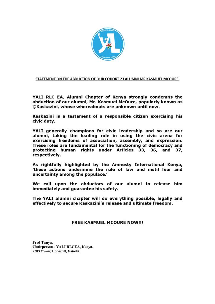 OFFICIAL STATEMENT ON THE ABDUCTION OF OUR ALUMNI, <a href="/_KasKazini/">Kasmuel McOure</a> 

We call for his immediate release!

#resignation #BreakingNews‌ #PresidentWilliamRuto #Rigathi