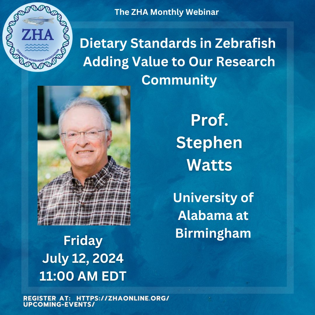 Title:: Dietary Standards in Zebrafish – Adding Value to Our Research Community

Speaker: Prof. Stephen Watts, University of Alabama at Birmingham

Date: July 12th, at 11am (EDT)

#zebrafish <a href="/AALASnational/">AALAS</a> 

Zoom link for Webinar Registration
us02web.zoom.us/webinar/regist…