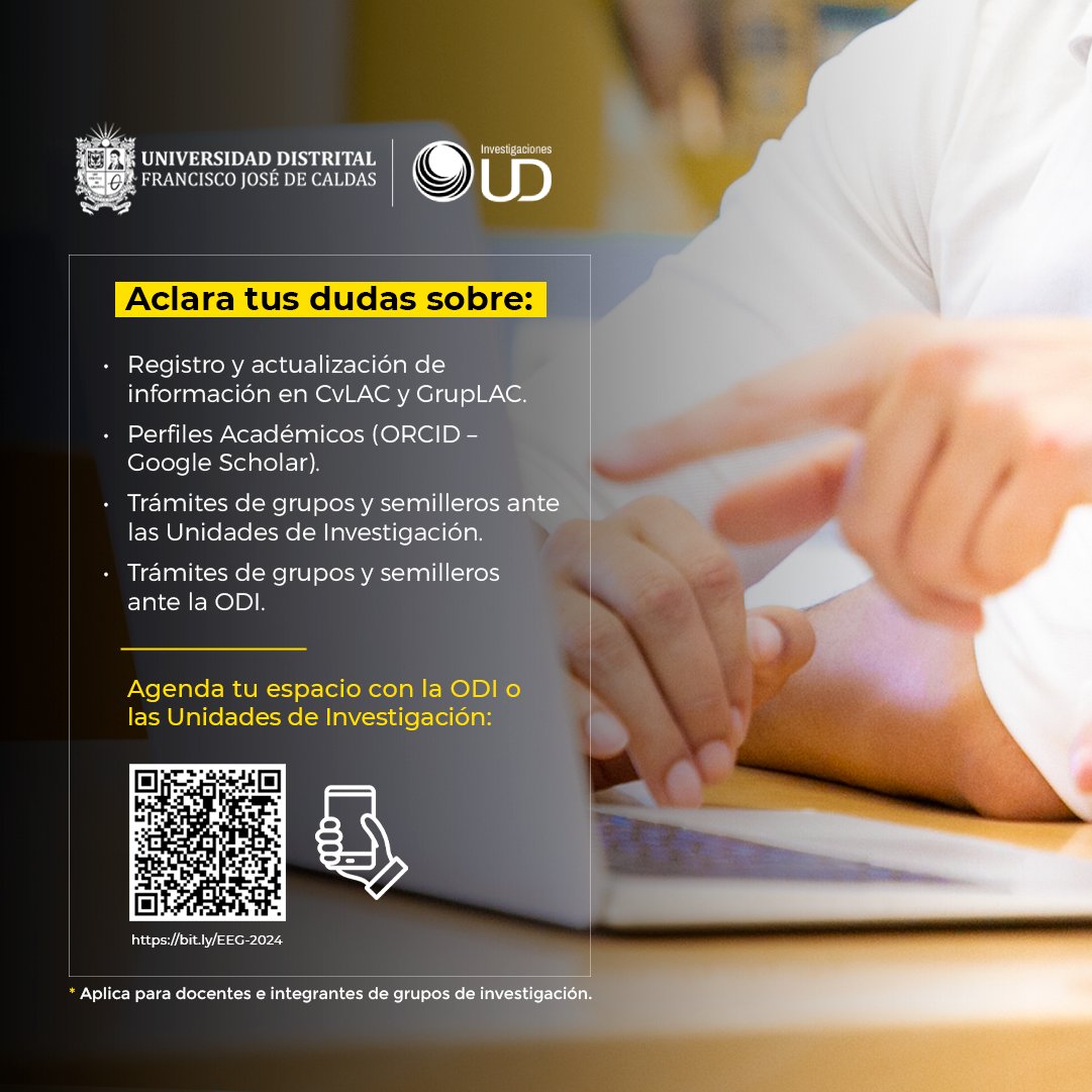 #ConvocatoriasUD📝 || Mejora tu reconocimiento o visibilidad como investigador. ¿Cómo?🧐 El grupo de <a href="/investigacionud/">Investigaciones Universidad Distrital</a> te ayudará con todas tus dudas. Aprenderás sobre trámites, información CvLAC y GrupLAC.💻
