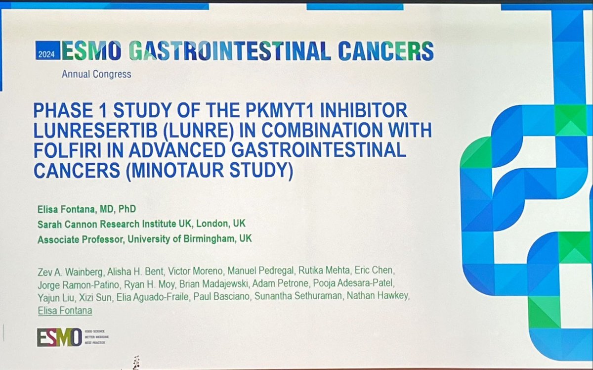 DrAngelaLamarca's tweet photo. #MINOTAUR trial presented by @ElisaFontana83 at #ESMOGI24

#PKMYT1 inhibitor + FOLFIRI in
CCNE1 amplified and FBXW7 mutated #GICancers (Biliary, Pancreas and NET included 😉)

@GrupoTTD @myESMO @VicMorenoGarcia @mpedregal 

#ESMOAmbassadors https://t.co/UicLgtwYF6