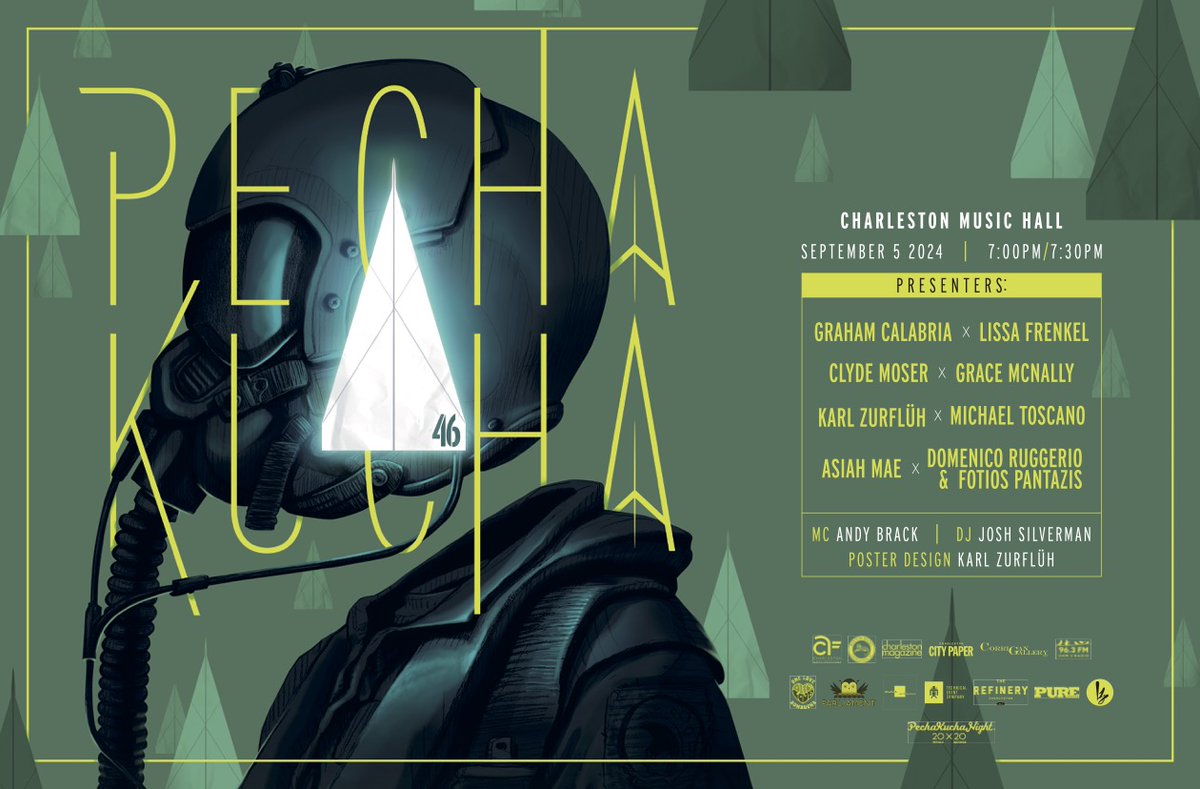 Charleston’s creative community returns to the Music Hall for PechaKucha 46 w/ presenters AsiahMae, Clyde Moser, Domenico Ruggerio, Fotios Pantazis, Grace McNally, Graham Calabria, Karl Zerfluh, Lissa Frenkel, Michael Toscano on September 5!

PechaKucha, Japanese for “chit chat,”