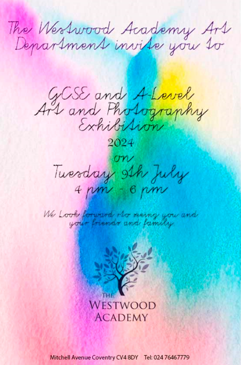AcademyWestwood's tweet photo. The Westwood Academy Art department would like to invite you to our GCSE and A-Level Art and Photography exhibition.
#ArtExhibition #PhotographyExhibition #GCSEArt #ALevelArt #coventryart #coventry #TWA #KMAT
@KenilworthMAT https://t.co/UNpiRs1bNB