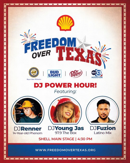 I’m excited to announce that <a href="/djrennermusic/">djrenner</a> will be DJing on the Shell Main stage with <a href="/djfuzion15/">DJ FUZION</a> <a href="/itsyoungjas/">Young Jas</a> at Freedom Over Texas this July 4th starting at 4:30pm. Come out and celebrate Independence Day. For more info go to FREEDOMOVERTEXAS.ORG

#freedomovertexas
