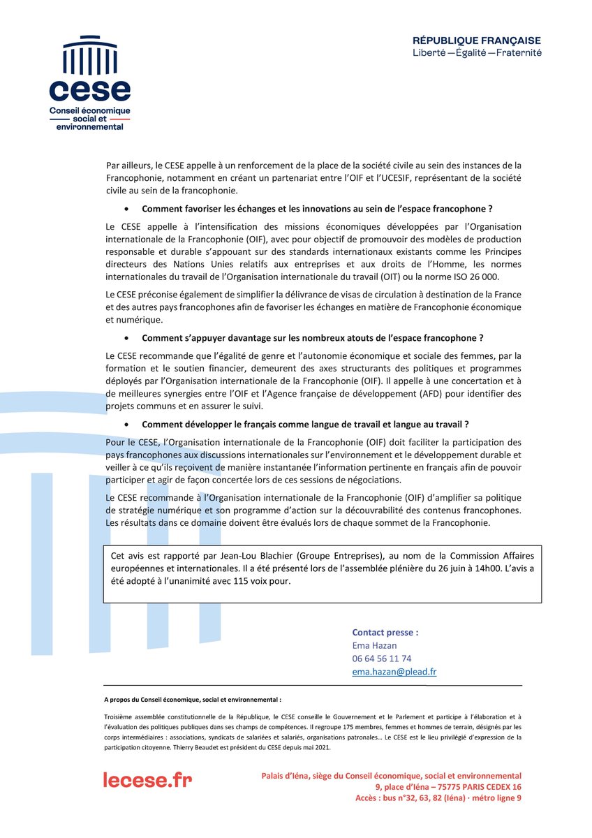 COMMUNIQUE DE PRESSE 🗞️

En amont du Sommet de la Francophonie (<a href="/Francophonie_24/">Francophonie 2024</a>), le #CESE propose un nouveau modèle de développement de la francophonie économique

Découvrez le CP juste après 👇

Plus d'infos sur l'avis : lecese.fr/actualites/fra…