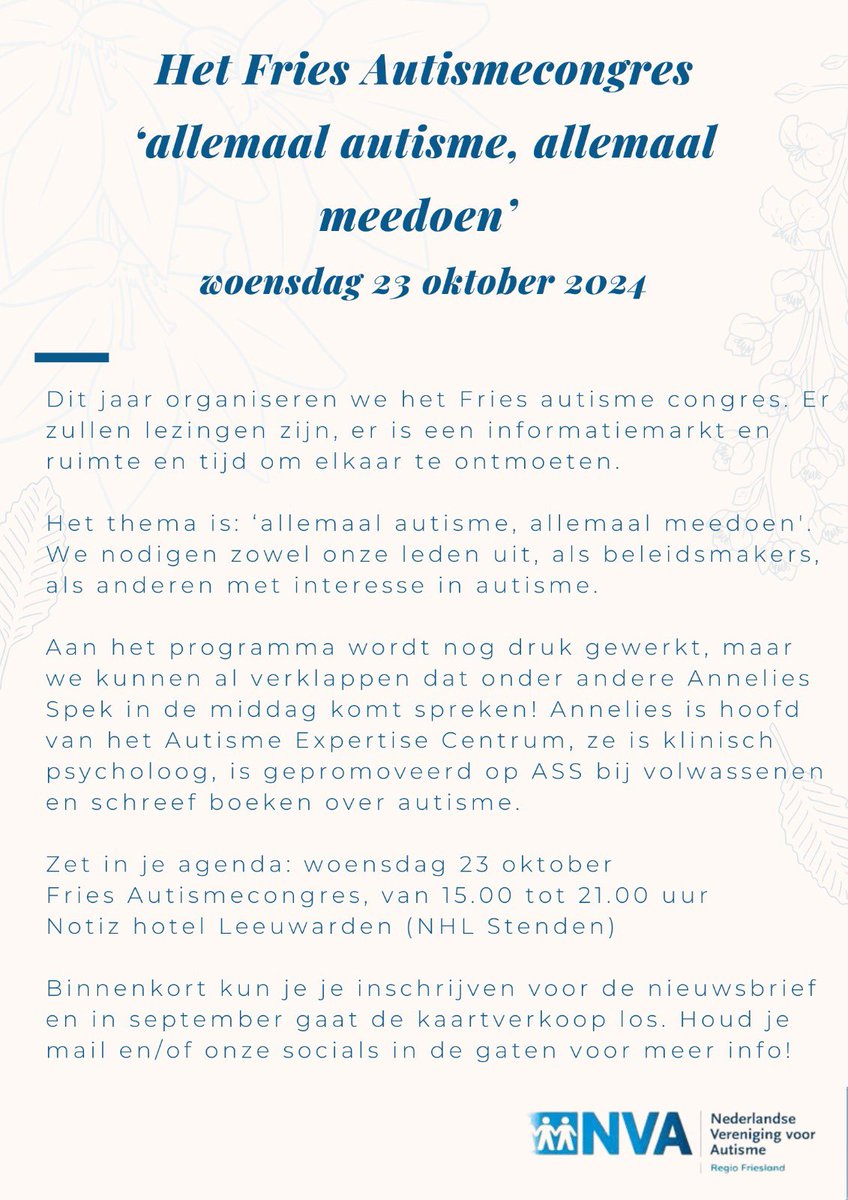 NVAFriesland's tweet photo. NVA regio Friesland organiseert op woensdag 23 oktober het Fries Autismecongres. https://t.co/etVqjzOBVB