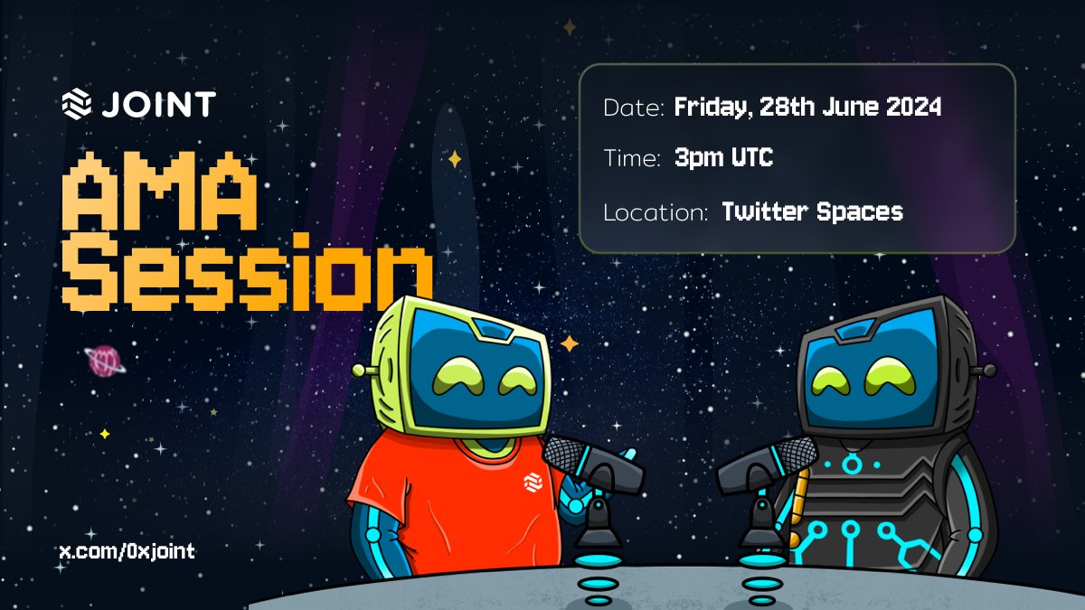 0xJoint's tweet photo. We are excited to announce our first AMA on Twitter.
This is an opportunity for you to learn about the Joint Protocol and connect with the team.
Date: Friday, June 28th, 2024
Time: 3pm UTC
Set your reminder here: https://t.co/Y7c3op6UKD
🤖