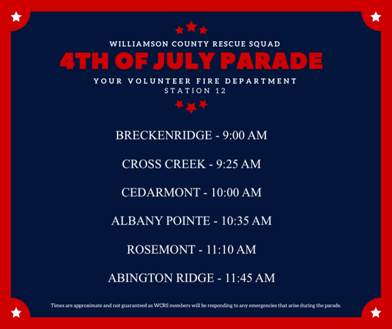 WilcoFireRescue's tweet photo. The 4th of July is upon us! Our crews from stations 12 and 14 will be visiting neighborhoods in their districts for a spray down event to help keep it cool on the 4th! See the following graphics for the schedule! #4thofJuly #4thofjuly2024 #WCFR #IndependenceDay https://t.co/2GUF7N2Plj