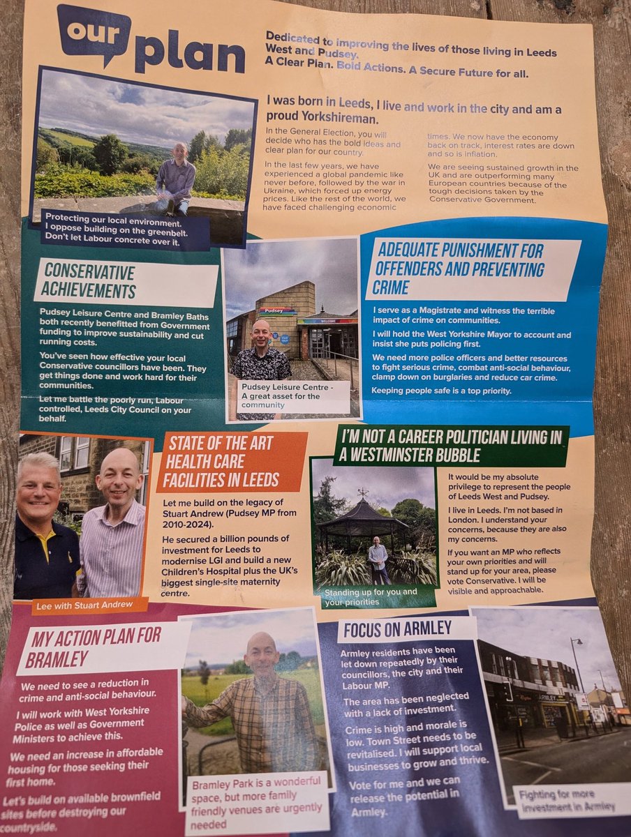 My #tory leaflet came through today from Lee Farmer, he's in every photo except the one of #Armley. The place he says where "crime is high and morale is low". 

Stay out, keep safe Lee.