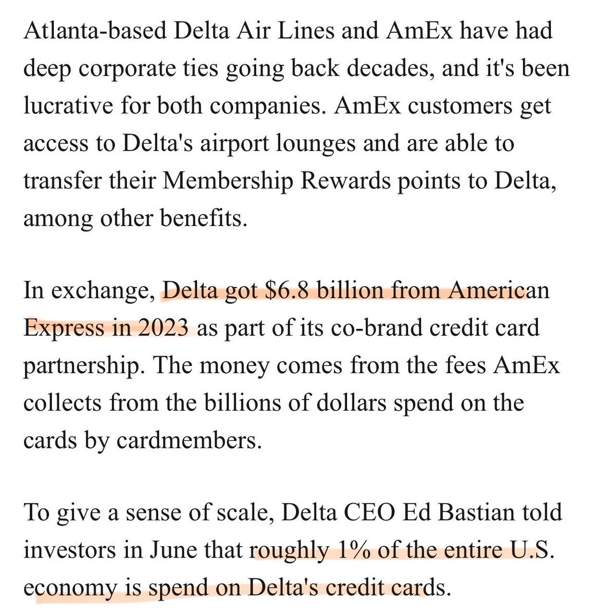 Delta Airlines credit card programs do massive numbers: Amex paid it ~$7B in 2023 and 1% of US GDP spent on Delta cards.