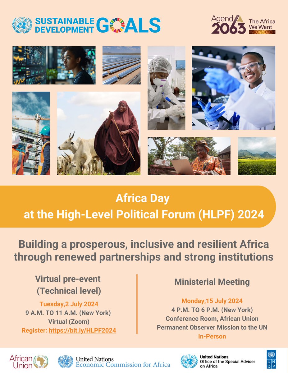 Join us for #Africa Day at the High-Level Political Forum #HLPF2024 

African Member states will showcase best practices, lessons learned &amp; present their Voluntary National Reviews (VNRs) on implementing the Sustainable Development Goals and Agenda 2063.
🔗bit.ly/HLPF2024