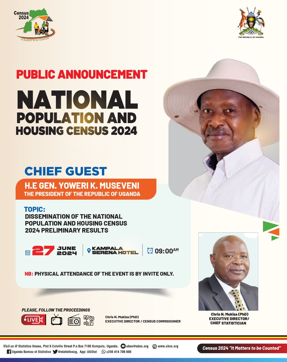 StatisticsUg's tweet photo. #UgandaCensus2024 The wait is over! UBOS is pleased to present to you the Preliminary Findings of Census 2024. The event to be graced by H.E Y.K.Museveni @KagutaMuseveni is scheduled for tomorrow Thursday June 27th, at Kampala Serena Hotel. @GCICUganda @UgParliament @OPMUganda @BOU_Official @UBOS_ED @mofpedU @AmosLugoloobi @MatiaK5 @CHRISBARYOMUNS1 @ntvuganda @nbstv @ubctvuganda @bbstvug @bukeddetv @ugandarn @RadioOneFM90 @CapitalFMUganda