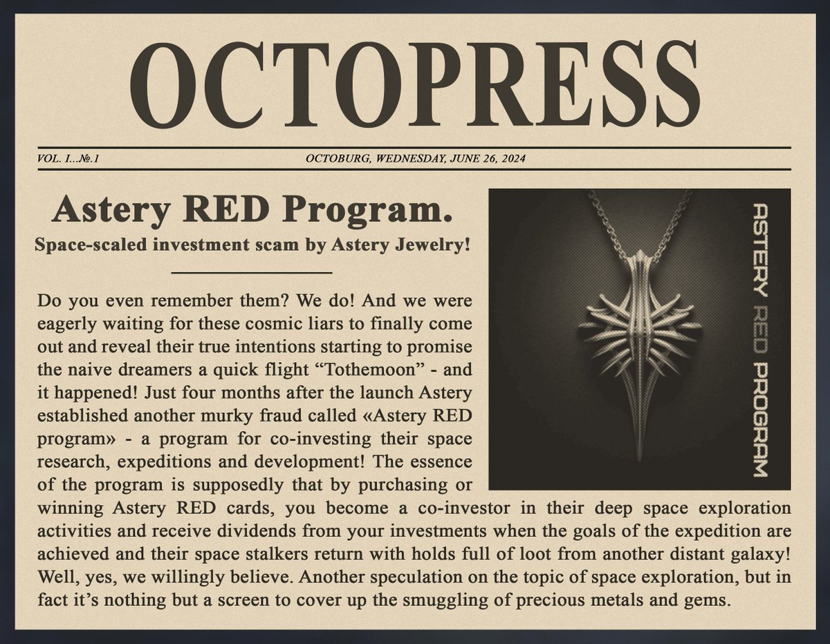 Mr. <a href="/OctoPeepsNFTs/">OctoPeeps</a> Kiddo's right tentacle Gemmy Boy keeps creating new ways of scam using <a href="/AsteryJewelry/">Astery Jewelry 🌌 Best gift for your degen couple!</a>! RED Program = RED flag!🤭 Keep a wide berth of this spaceport!

Mint the fresh issue:  
📰 octopeeps.com/dapps/octopress
📰 opensea.io/collection/oct…