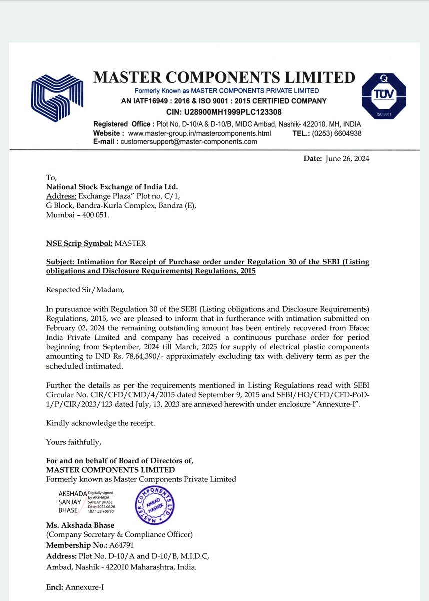 Stockxwatcher's tweet image. Stock: Master Components

company has received a continuous purchase order for period 
beginning from September, 2024 till March, 2025 for supply of electrical plastic components 
amounting to IND Rs. 78,64,390/

#MasterComponents    #PriceAction #stocks #stockstowatch #trading…
