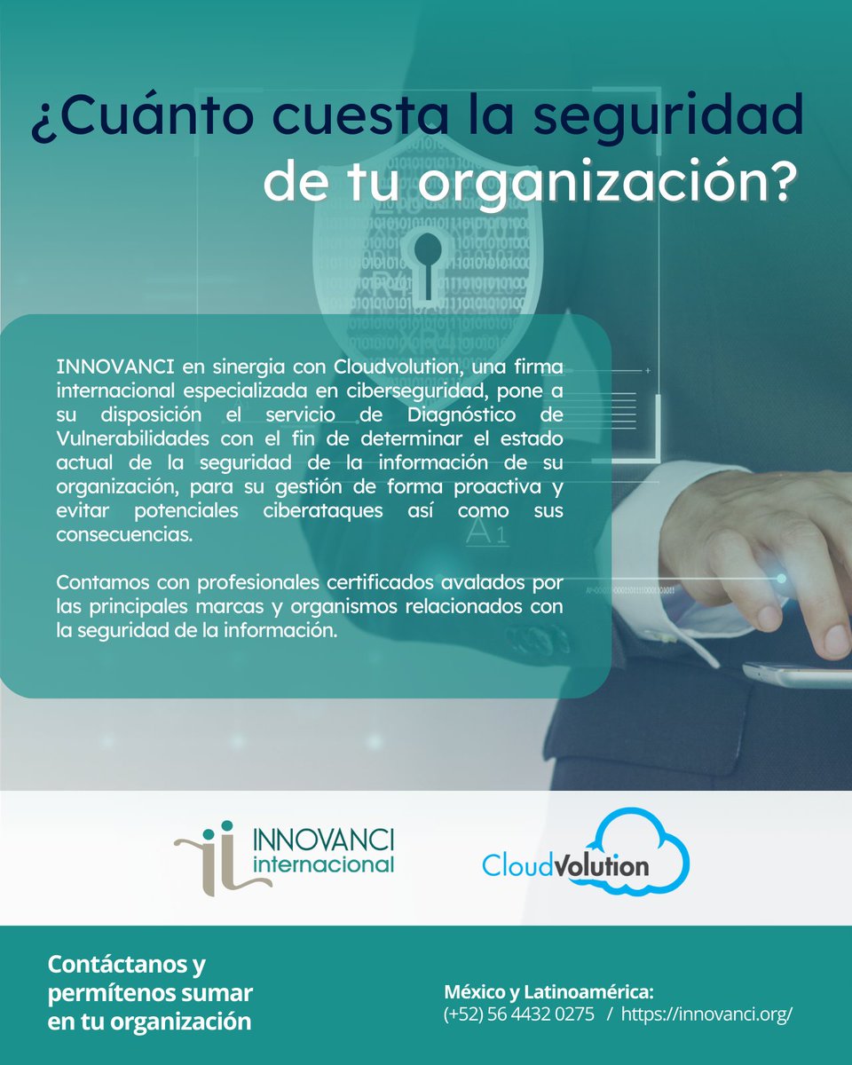 Innovanci's tweet image. @Innovanci en sinergia con #CloudVolution, una firma internacional especializada en #Ciberseguridad, pone a su disposición el servicio de #DiagnósticoDeVulnerabilidades con el fin de determinar el estado actual de la seguridad de la información de su organización.
¡Contáctanos!