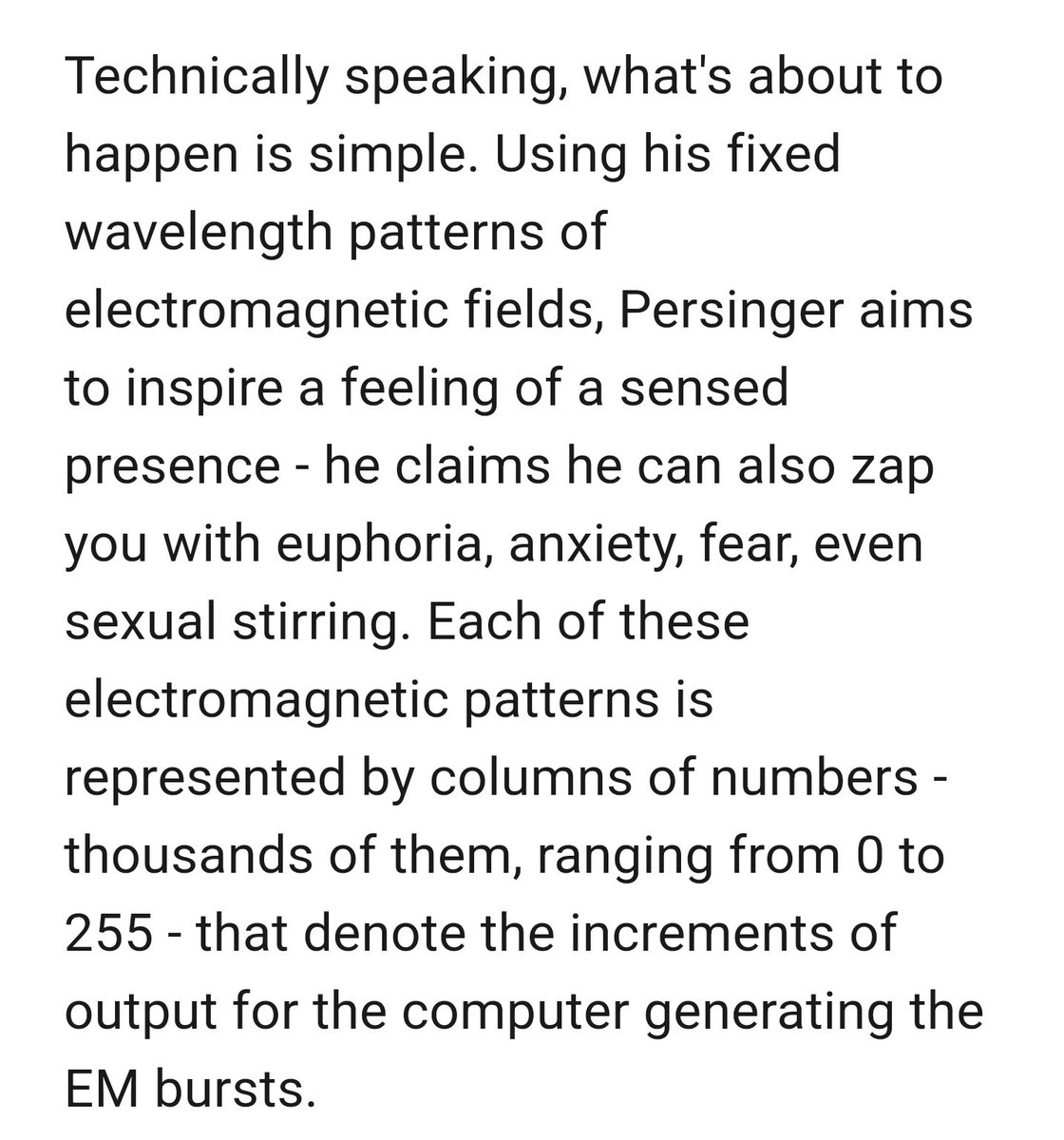 GreyAreaMonarch's tweet photo. Some excerpts from a 1999 article 'This Is Your Brain on God' in 'WIRED' discussing Persinger and Company's work, and it's relation to God/Spiritual/Mystical/UFO/Alien experiences, among others.

The 'Linda Genetic Pulse' is especially interesting!

https://t.co/hXSveET6eO https://t.co/Jr6IpjFECK