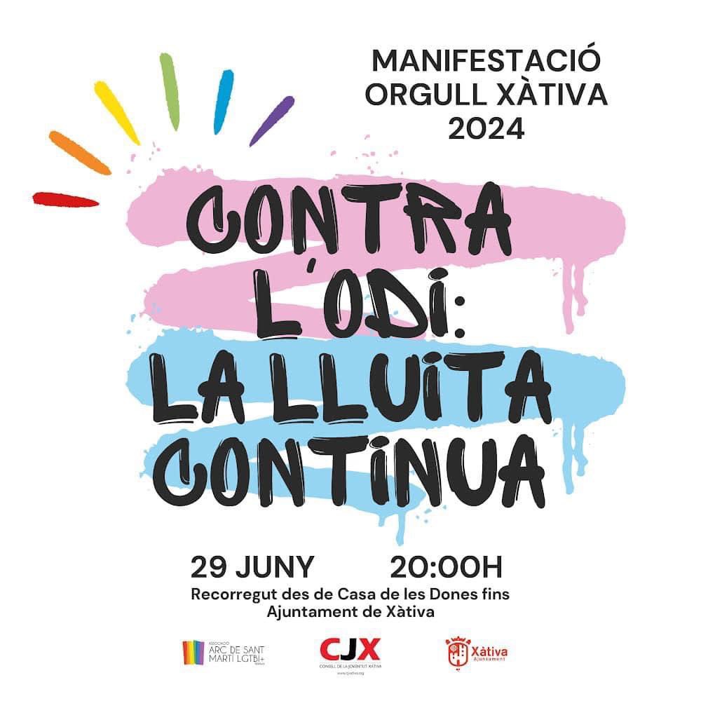 📣Manifestació i Lectura Manifest de l’Orgull LGTBIQ+ 2024 #Xàtiva

🗓️Dissabte 29 de juny
🕗Hora inici: 20 h
📍Lloc inici: Casa de les Dones de Xàtiva (Pl. Espanyoleto, 15)

👥Mobilitza’t i participa

🚌Opció de bus comarcal

🏳️‍🌈Contra l’odi, la lluita continua!

#OrgullXàtiva2024