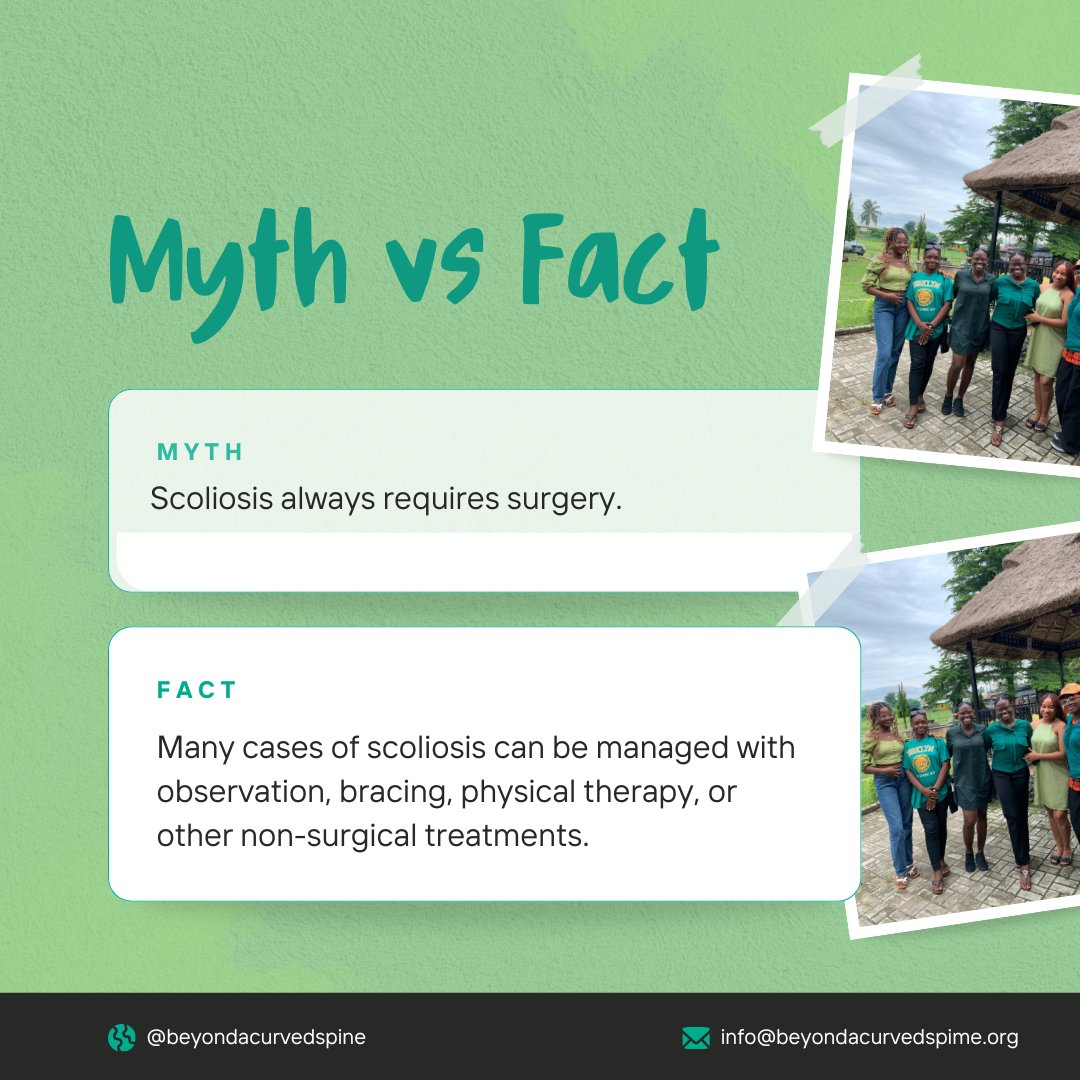 Here are some scoliosis  Myths vs Facts.

Let's continue raising awareness and supporting each other every step of the way678💚💚💚

#knowscoliosis
#scoliosisAwarenessMONTH
#BeyondACurvedSpine
#wearGreenForScoliosis