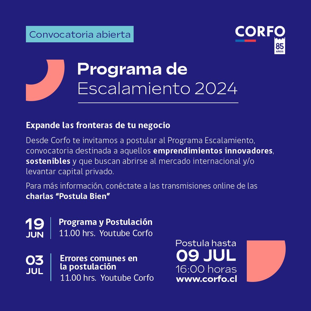 ¡Recuerda! Abrimos una nueva convocatoria del programa Escalamiento, dirigido a la expansión a escala global de emprendimientos innovadores y sostenibles 🌱
Postulaciones: corfo.cl/sites/cpp/inf/……
Charlas online: youtube.com/@corfo/streams