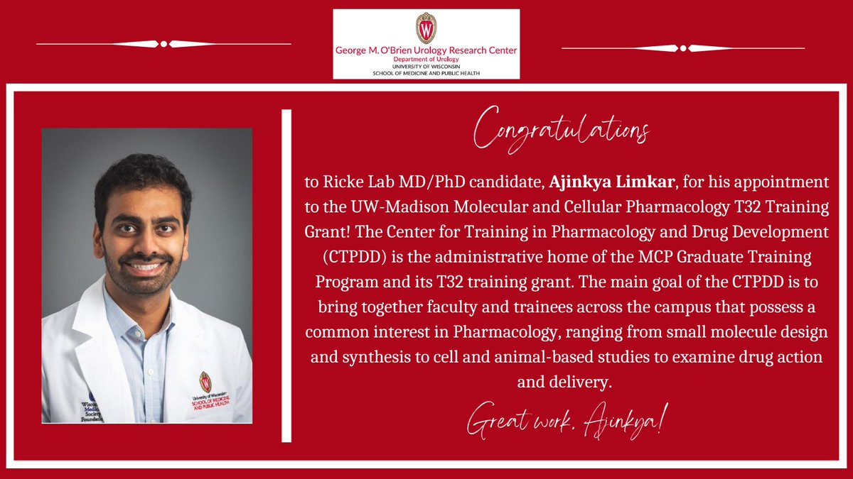 University of Wisconsin O'Brien Center (@wiscobrien) on Twitter photo Congratulations to Ricke Lab MD/PhD candidate, Ajinkya Limkar (<a href="/ajinkyalimkar/">Ajinkya R. Limkar</a>), for his appointment to the UW-Madison Molecular and Cellular Pharmacology T32 Training Grant. Great work! Congratulations to Ricke Lab MD/PhD candidate, Ajinkya Limkar (<a href="/ajinkyalimkar/">Ajinkya R. Limkar</a>), for his appointment to the UW-Madison Molecular and Cellular Pharmacology T32 Training Grant. Great work!