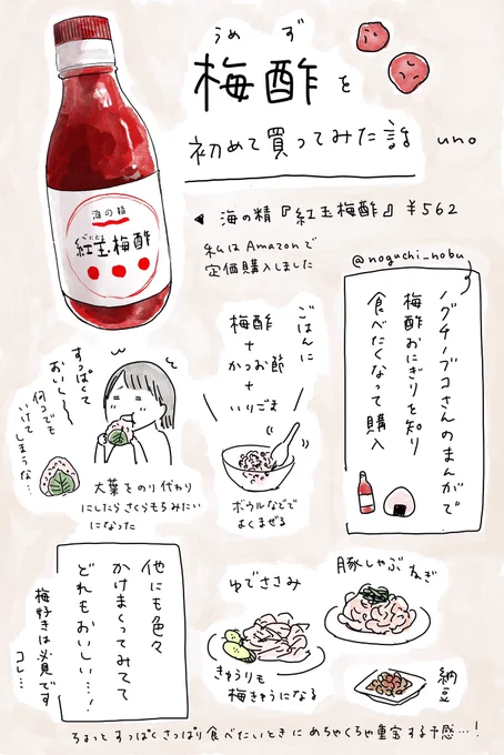 ノグチノブコさん( @noguchi_nobu )の梅酢おにぎりの漫画を読んで絶対食べたい!と思い光の速さでこちらの梅酢を買ってみた。めちゃくちゃ美味しくて、こりゃぁ梅好きな人たちに布教せねばと思ってしまうシロモノ…!🍙 他に美味しい食べ方があれば知りたい… 夏のおいしい酸っぱいもの開拓したい…