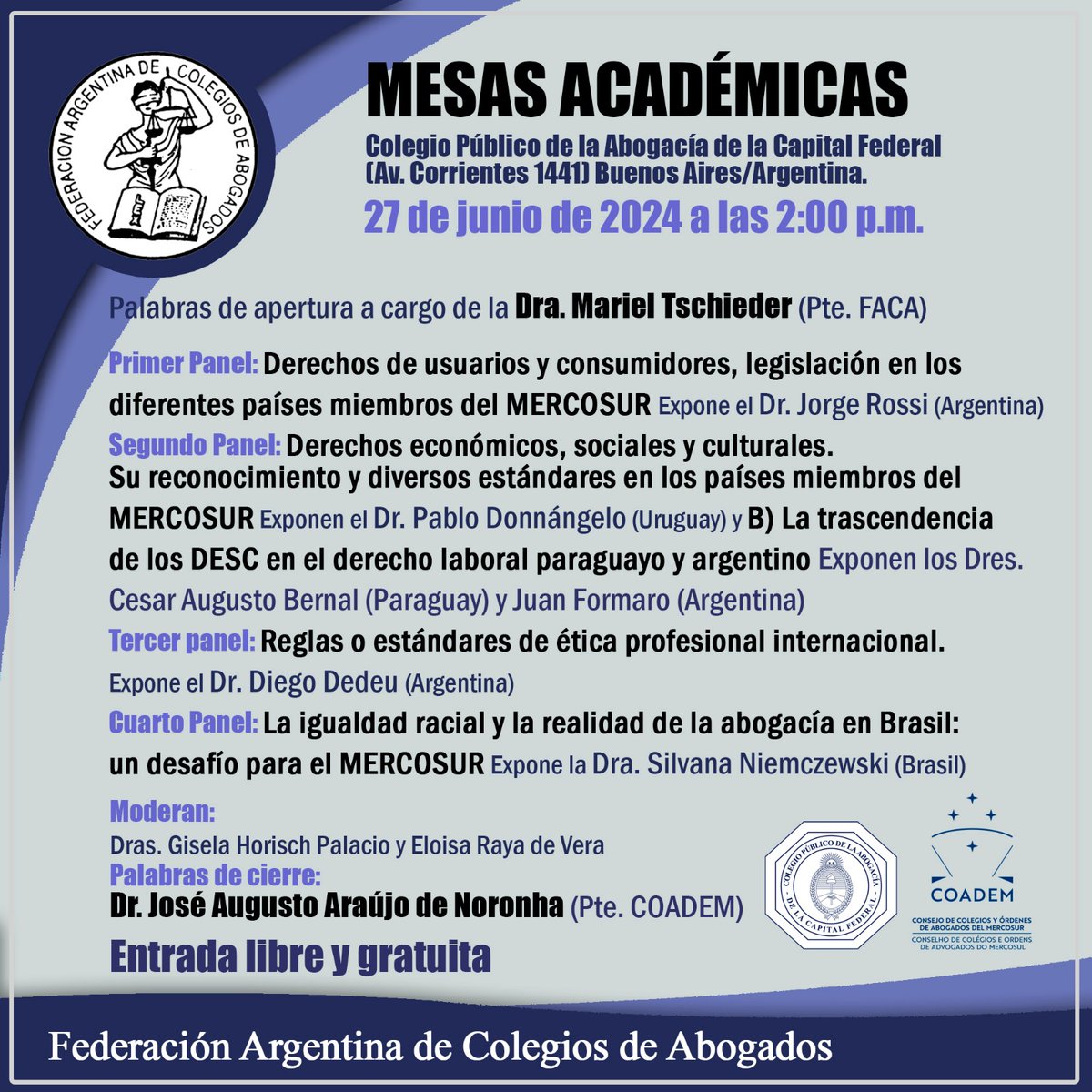 CAP_py's tweet photo. Invitamos a participar de las Mesas Académicas del COADEM el 27/06/2024 a partir de las 13.00 h (Py) 

Enlace: https://t.co/CGeveCZQPP

ID de reunión: 868 0212 9561
Código de acceso: 799032 https://t.co/ZT3dN2YOZk