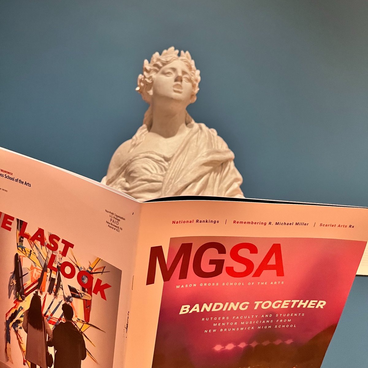 Walking Man and his friends at the
<a href="/zimmerlimuseum/">Zimmerli Art Museum</a> are all reading the new MGSA magazine. Grab your own copy on campus, or read the digital version at go.rutgers.edu/mgsamag. Visit the museum Wednesdays through Sundays. Admission is free.