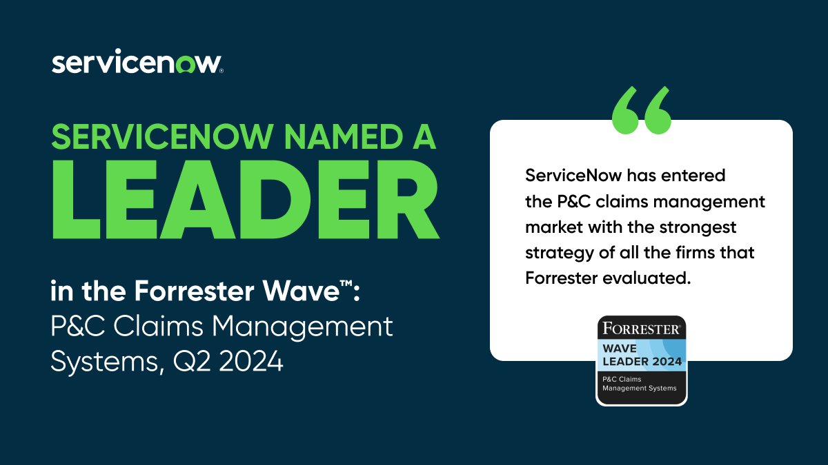 cindymlin's tweet photo. Huge win! ServiceNow has been named a Leader in the Forrester Wave: P&amp;C Claims Management Systems, Q2 2024 for the very first time. Read more about this recognition and the unique benefits of our Financial Services Operations for Insurance product: https://t.co/OjO6JLva4i https://t.co/OVaZiQZSk3