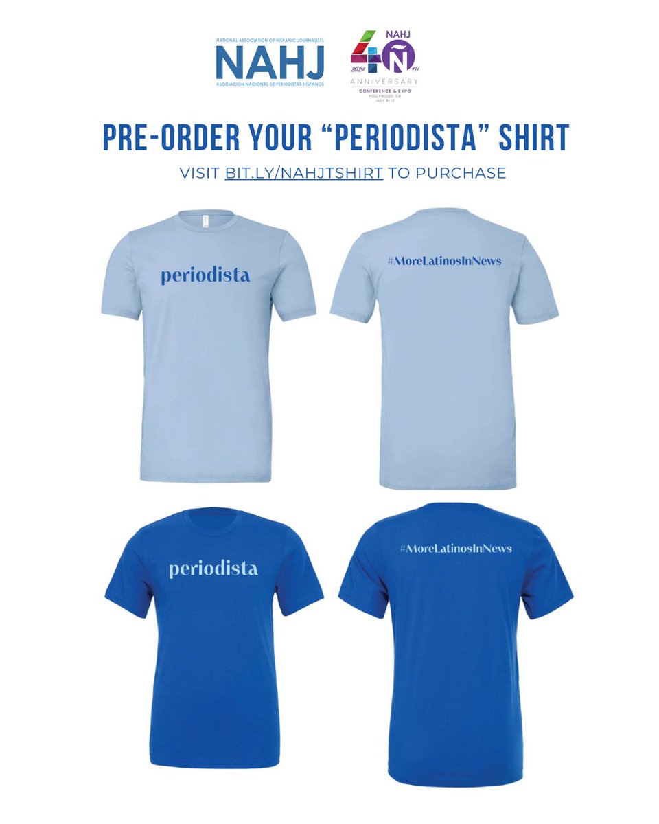 📣 NAHJ is proud to launch the #MoreLatinosInNews campaign! The campaign gives Latino journalists the opportunity to show their pride in their profession. Pre-order your “Periodista” shirt by 6/30 at l8r.it/obBQ